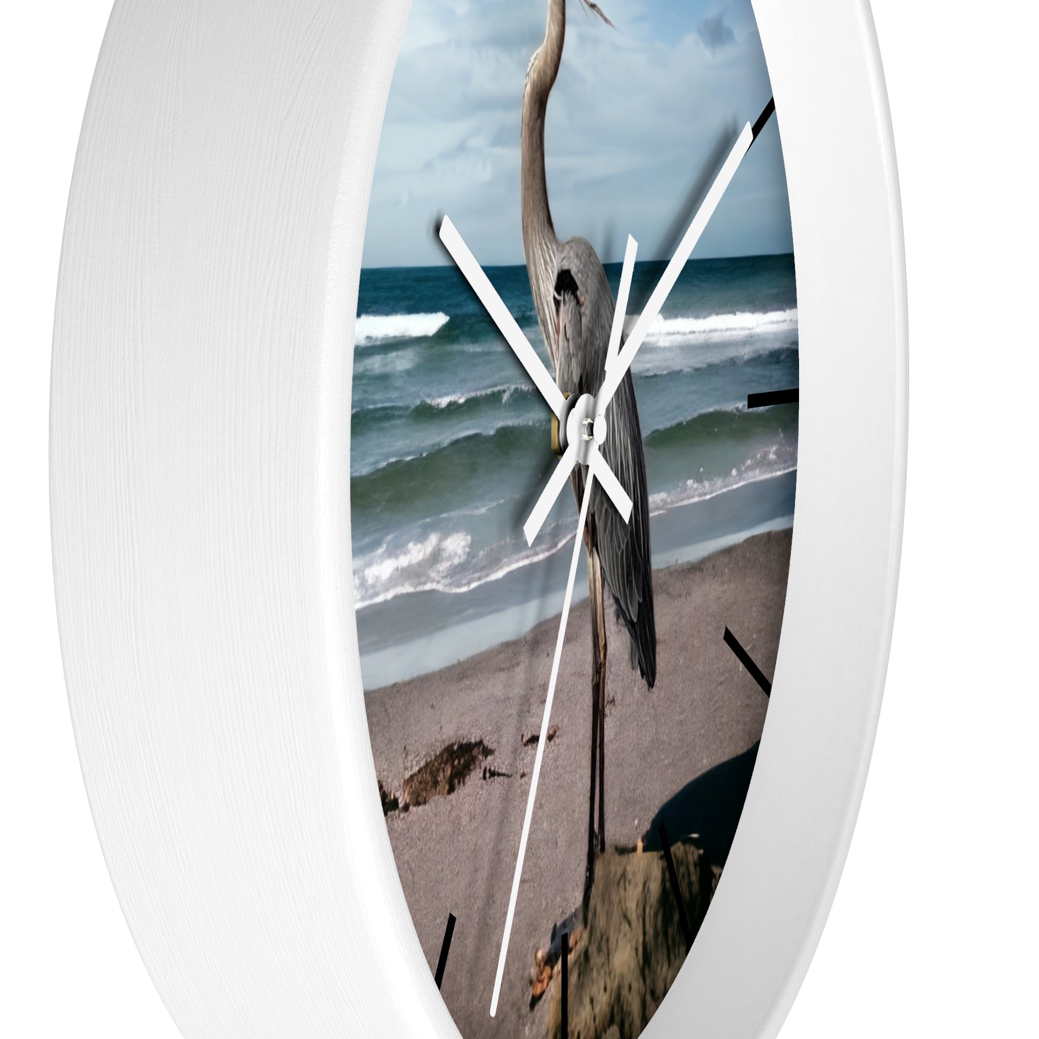 The large heron design on the wall clock with a tropical beach background, enriched by the craftsmanship of handmade resin on wood.