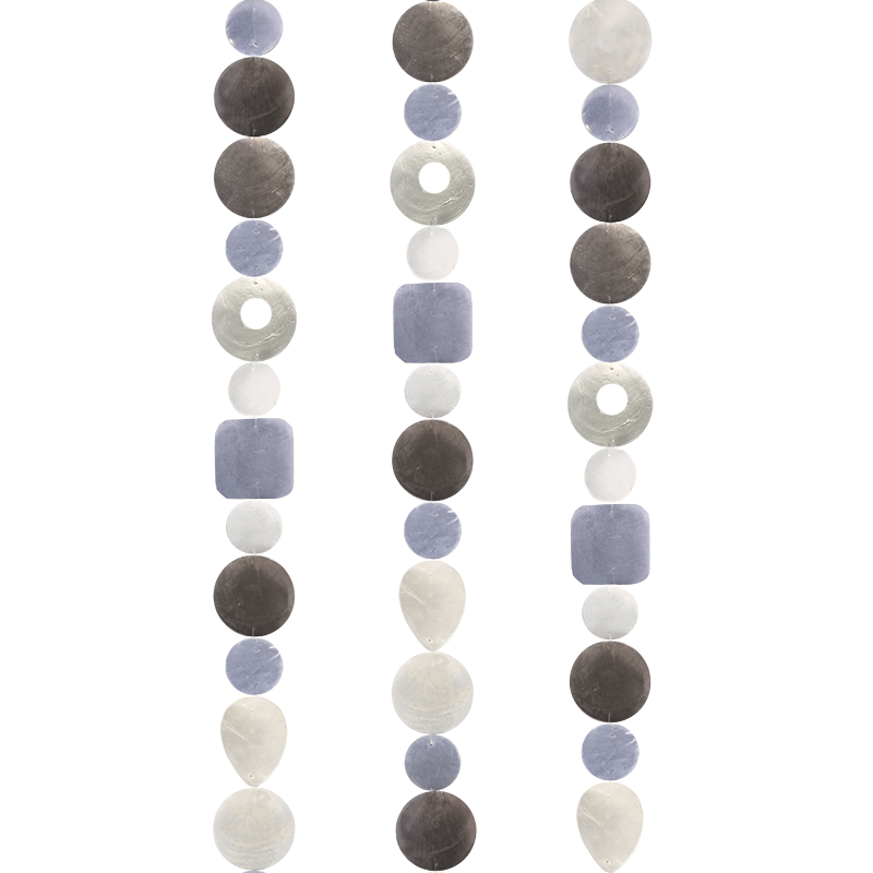 Capiz Shell Strand in Silvery Blues and Browns - Handmade decorative hanging strands featuring a beautiful mix of silvery-blue and copper/brown capiz shells, measuring 72 inches long, perfect for enhancing any interior decor.