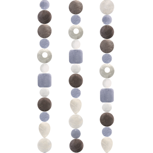 Capiz Shell Strand in Silvery Blues and Browns - Handmade decorative hanging strands featuring a beautiful mix of silvery-blue and copper/brown capiz shells, measuring 72 inches long, perfect for enhancing any interior decor.