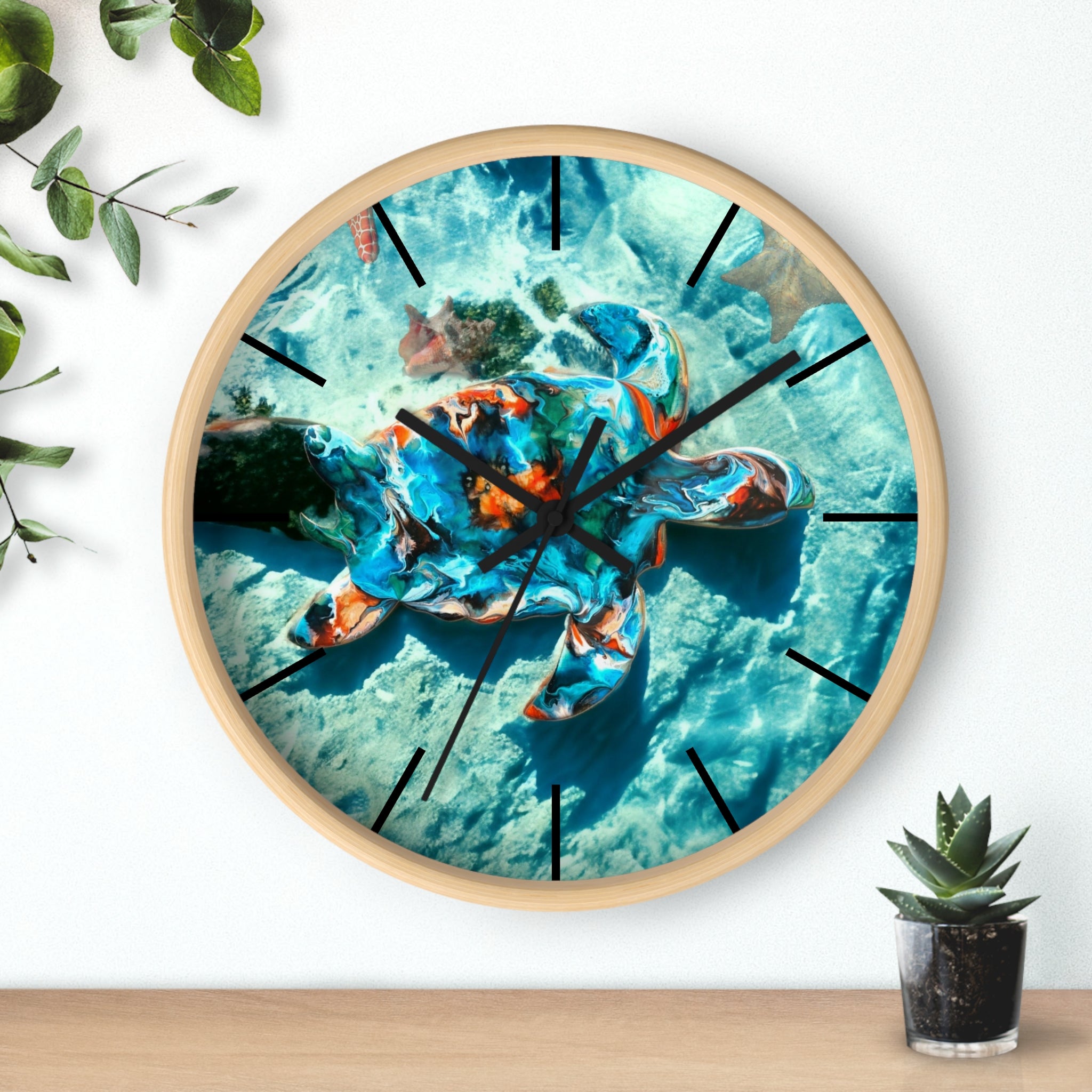Close-up of the round wall clock face displaying intricate handmade resin artwork of a sea turtle, mounted on a stylish wood frame.