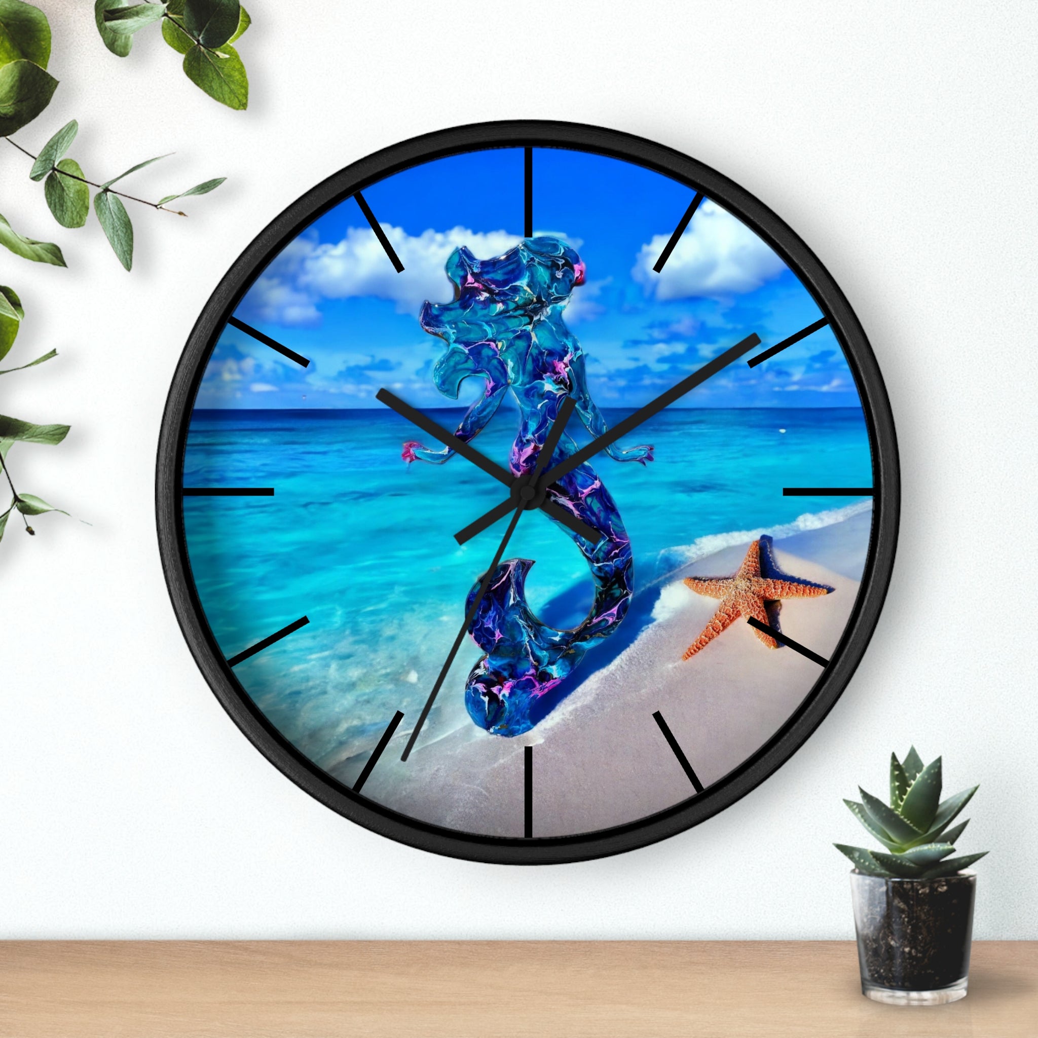 Round wall clock featuring a beautiful print of a handmade resin mermaid on wood, surrounded by tropical beach elements.