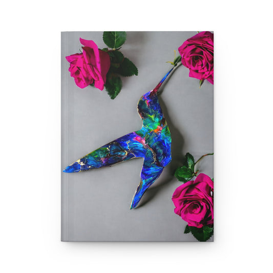Gorgeous blue hummingbird artwork made from handmade resin on wood, beautifully complemented by pink roses, featured on a hardcover journal.