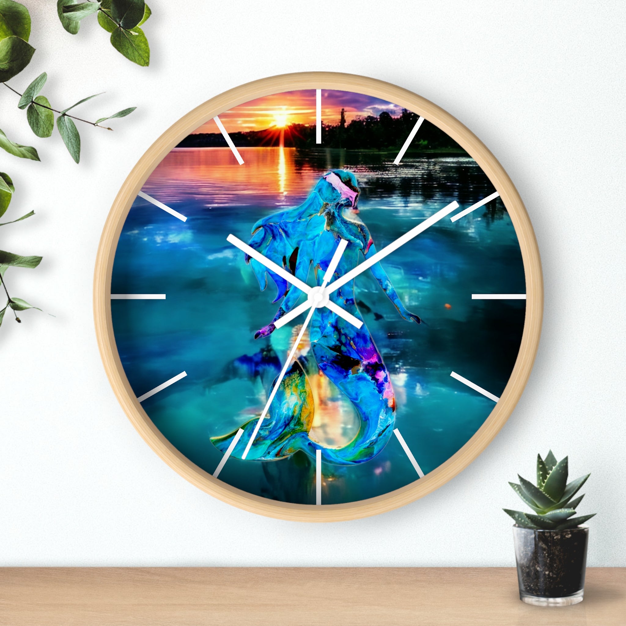 Stylish indoor wall clock displaying a mermaid in handmade resin on wood, perfect for adding a coastal charm to any room.