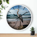 Load image into Gallery viewer, Stylish and functional, this wall clock features a radiant heron with a handmade resin on wood finish, ideal for coastal decor.