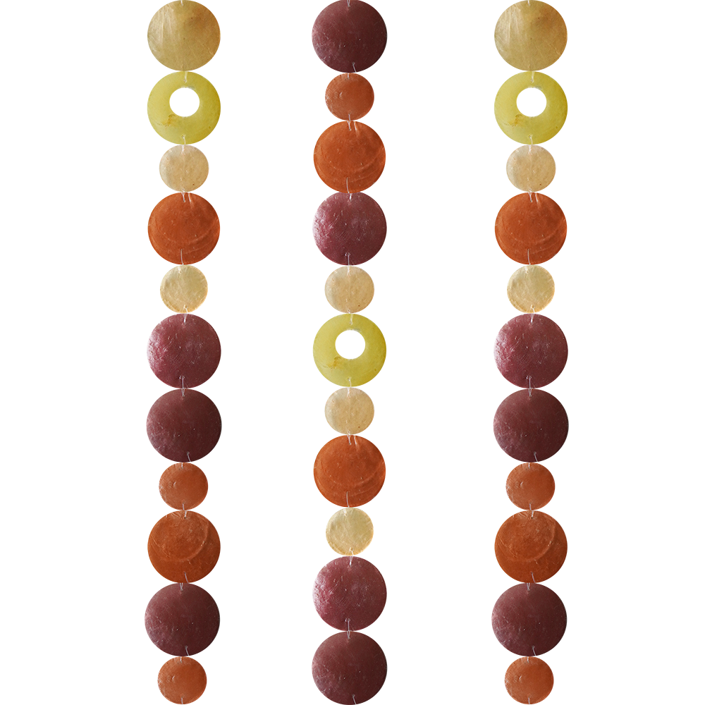 Capiz Shell Strands 72 Inch Long Flame featuring vibrant spice, brown, orange, and yellow shades in a decorative arrangement. Perfect for indoor or outdoor spaces, these handmade strands add shimmer and sound to your design.