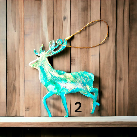 Handmade resin on wood standing reindeer ornament showcasing a colorful design, perfect for nature lovers and hunters.