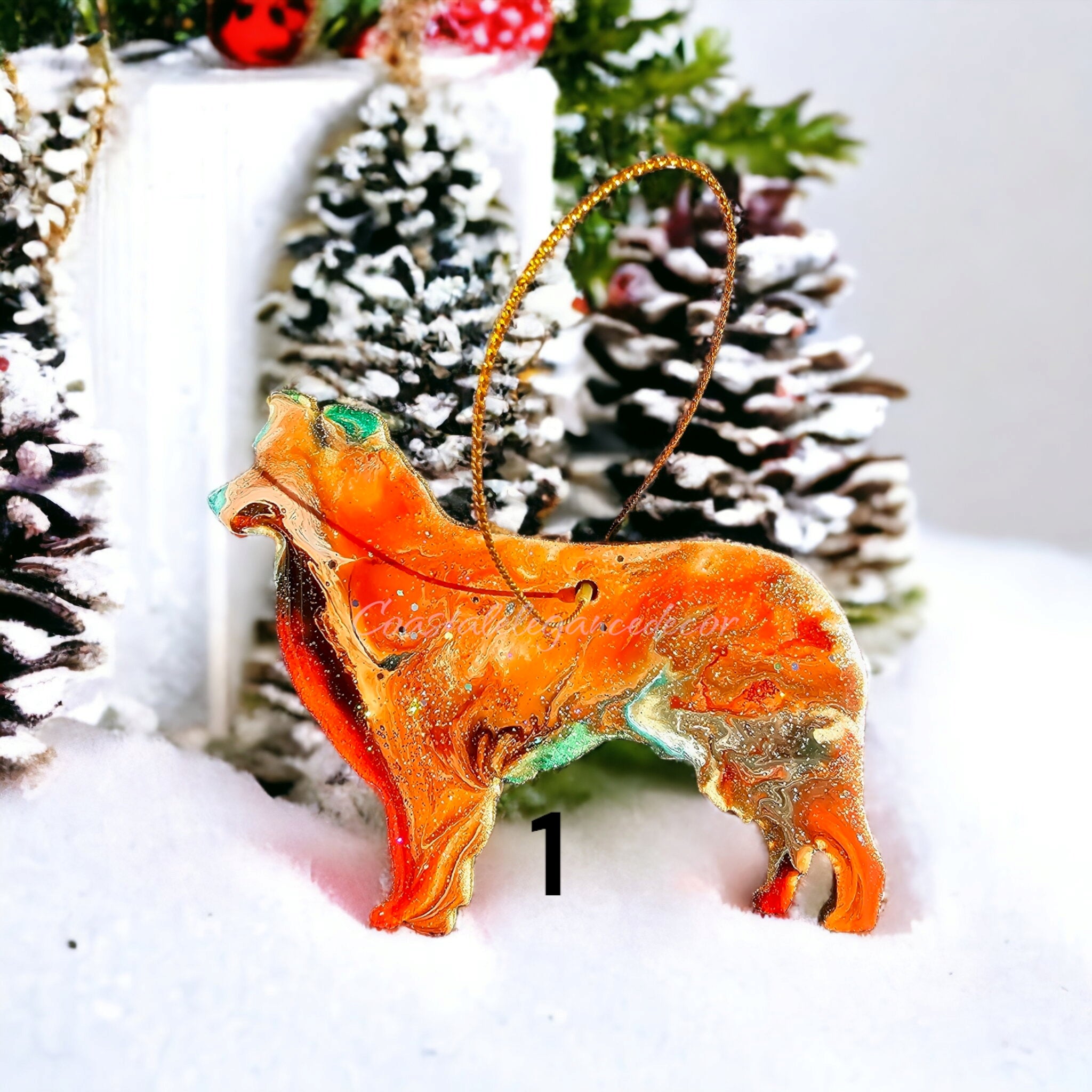 Handmade resin on wood Australian Shepherd ornament in vibrant orange hues, featuring a shimmering finish, perfect for Christmas decor.