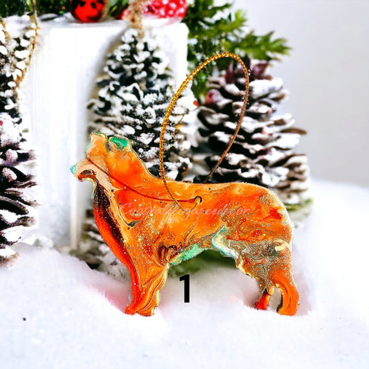 Handmade resin on wood Australian Shepherd ornament in vibrant orange hues, featuring a shimmering finish, perfect for Christmas decor.