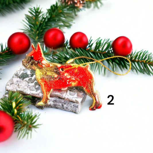 Handmade Boston Terrier Christmas Ornament | Colorful Resin on Wood Design | 3.5" x 2.75"