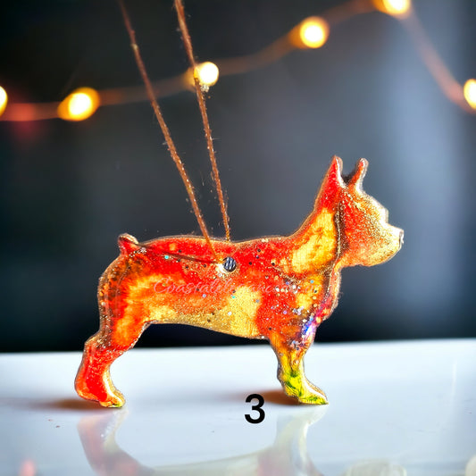 Handmade Boston Terrier Christmas Ornament | Colorful Resin on Wood Design | 3.5" x 2.75"