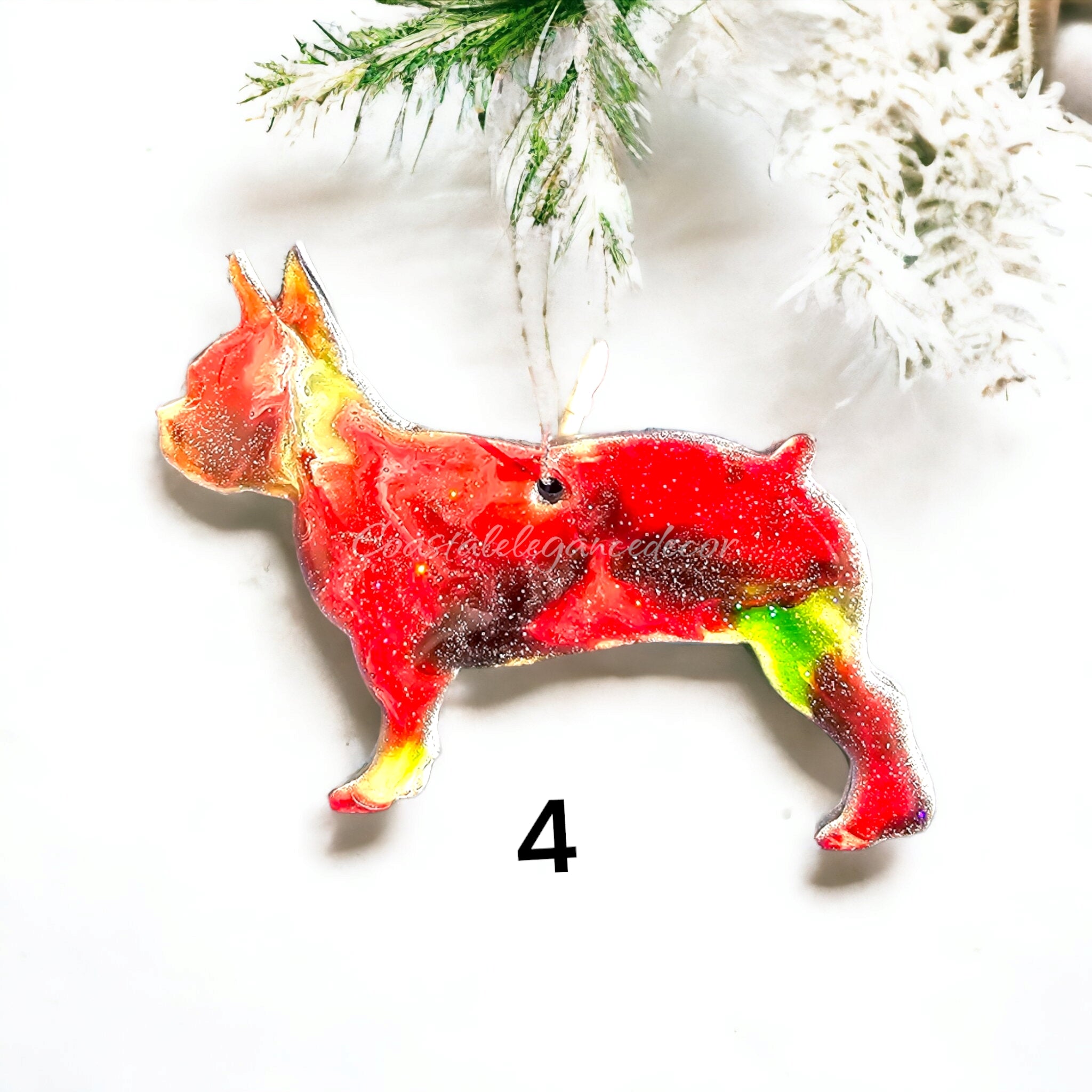 Handmade Boston Terrier Christmas Ornament | Colorful Resin on Wood Design | 3.5" x 2.75"
