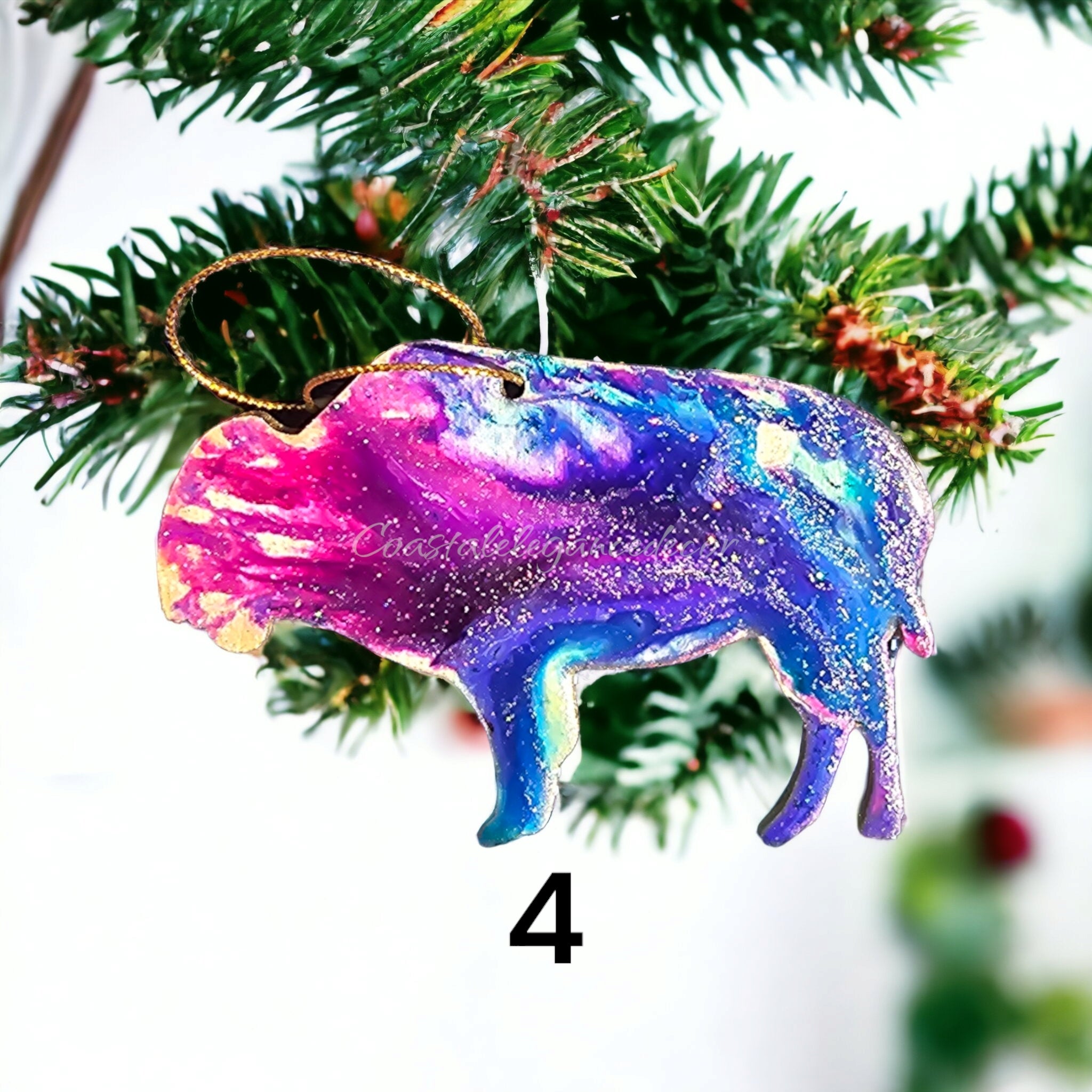 Artistic view of buffalo bison ornament made from handmade resin on wood, designed to celebrate nature.