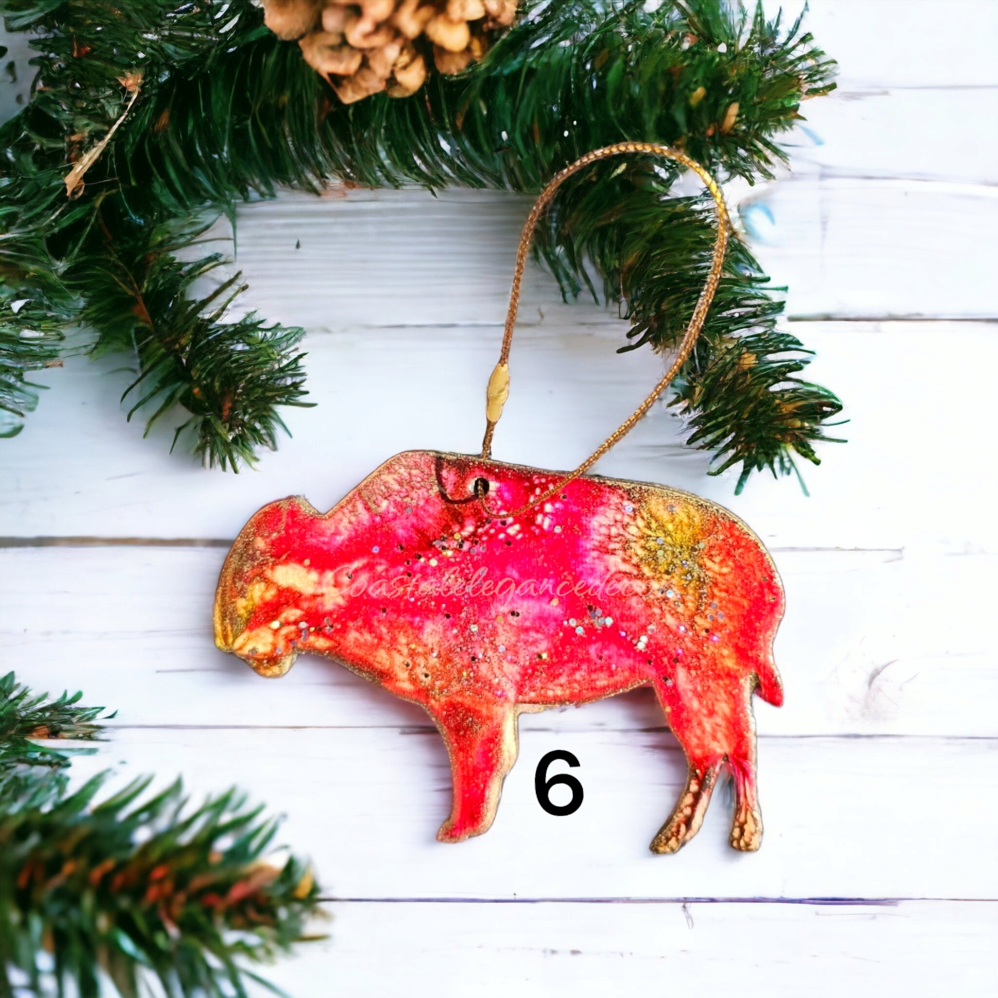 Handmade resin on wood buffalo bison ornament with metallic accents, a great gift for wildlife enthusiasts.