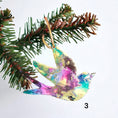 Charger l'image dans la visionneuse de la galerie, Beautiful peace dove ornament handcrafted from resin on wood, featuring vibrant colors and glitter accents, perfect for Christmas decoration.