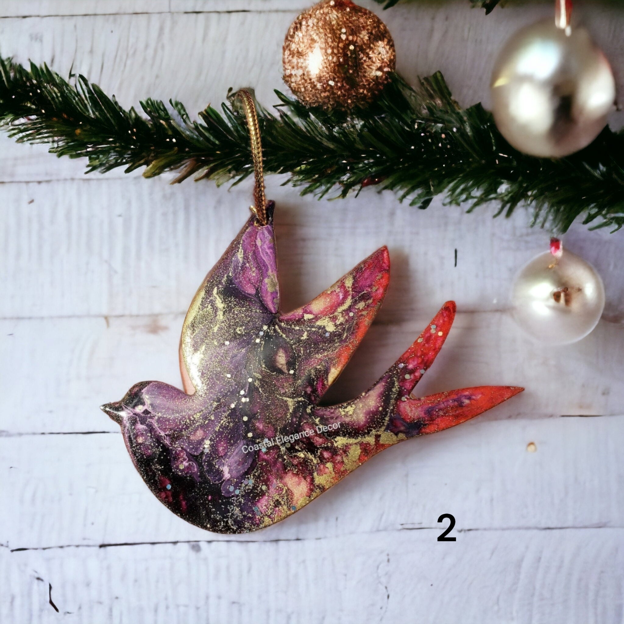 Unique peace dove Christmas ornament made from lightweight wood and vivid resin, showcasing handmade craftsmanship and colorful details.
