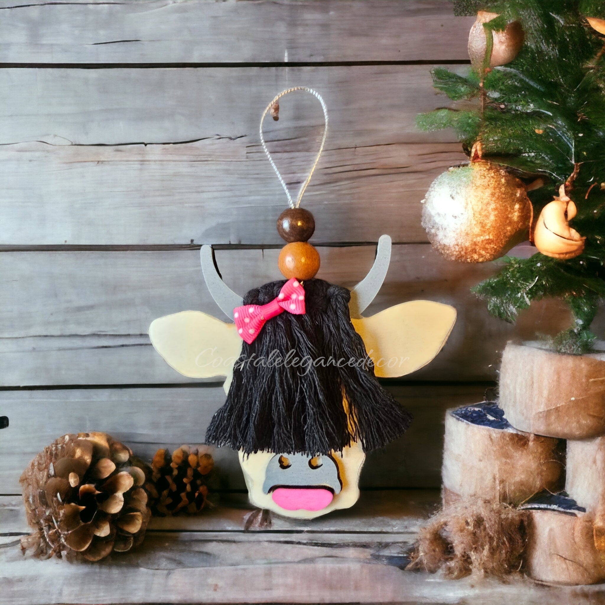 Scottish Girl Cow Barnyard Animal with Polka Dot Hair Bow and Lipstick Wooden Ornaments