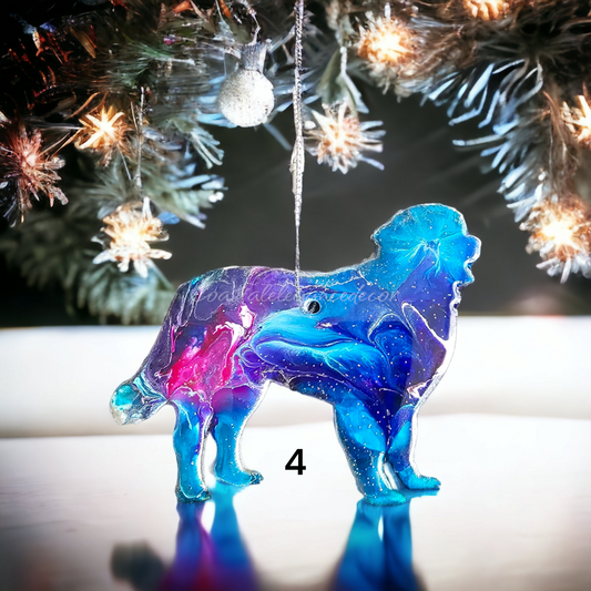 Handmade resin Bernese Mountain Dog Christmas ornament, featuring vibrant blue and purple colors with glitter accents, perfect for festive decorations.