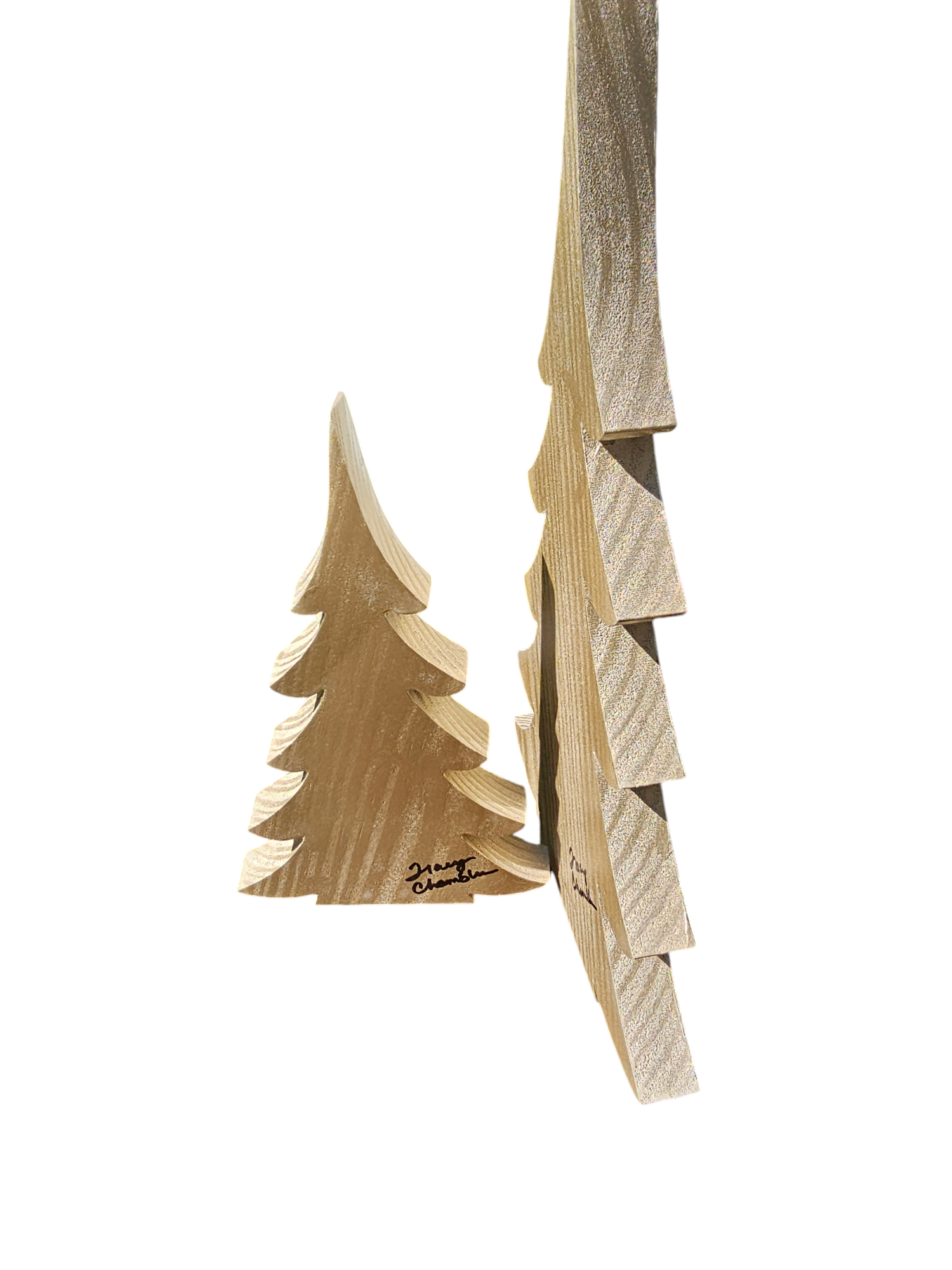Detailed view of Beachy Blue Contemporary Triangle Christmas Trees featuring a natural wood texture and a signed artist's mark, emphasizing their artisanal quality.