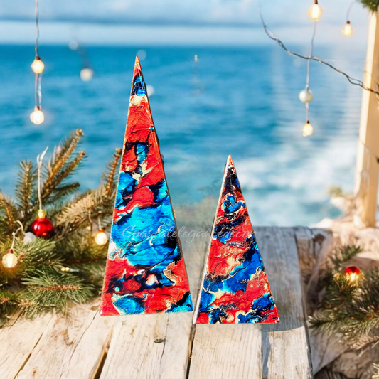 Handcrafted Blue And Red Triangle Christmas Trees With Gold Accents - 11.25" & 7" Tall