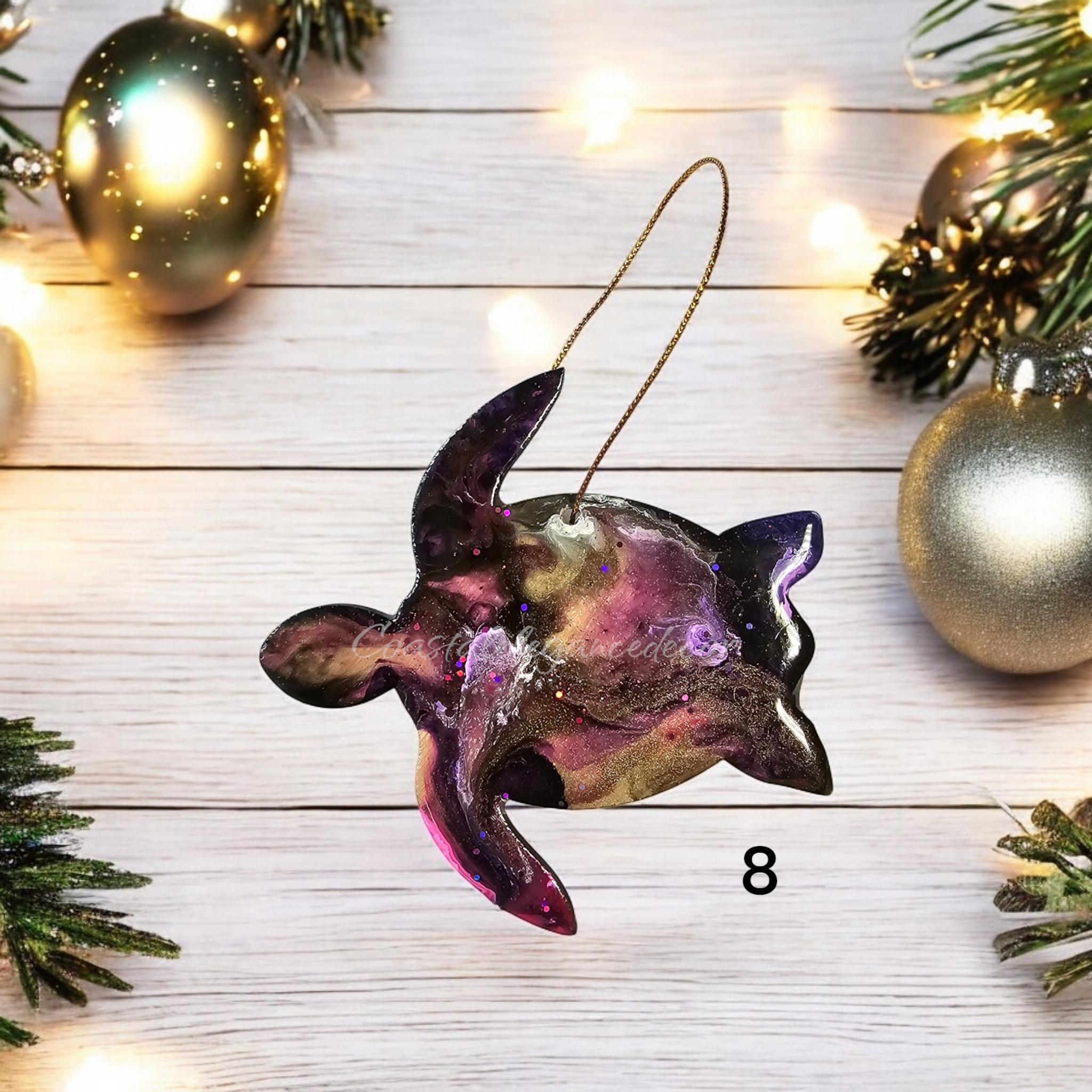Brightly colored sea turtle Christmas decoration, handmade resin on wood, perfect for adding a beachy vibe to your holiday tree.