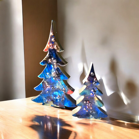 Handcrafted Chunky Wood And Resin Tabletop Christmas Trees, Blue Sparkle, 2 Sizes, Art Decor