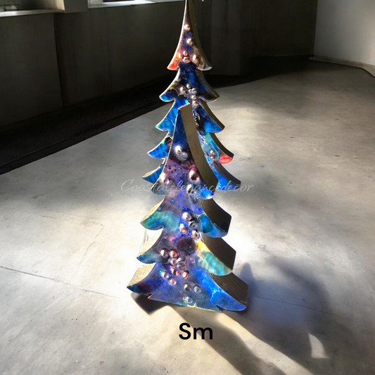 Handcrafted Chunky Wood And Resin Tabletop Christmas Trees, Blue Sparkle, 2 Sizes, Art Decor