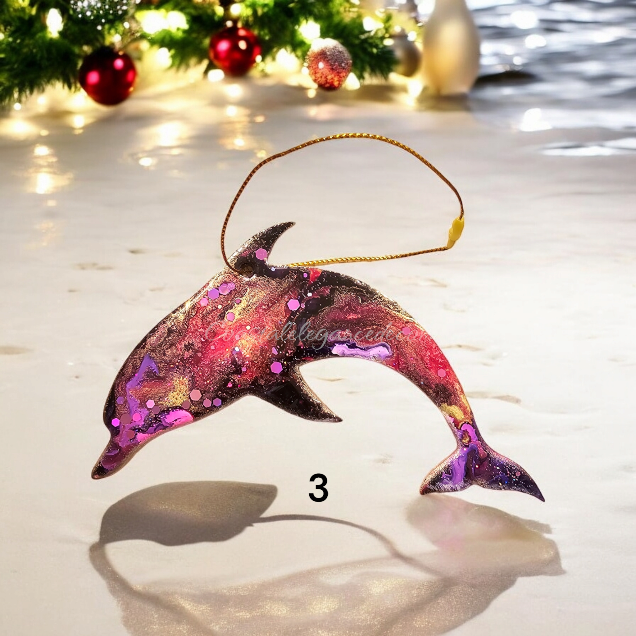 Unique ocean-themed ornament made of handmade resin on wood, adding a festive touch to your holiday decor.