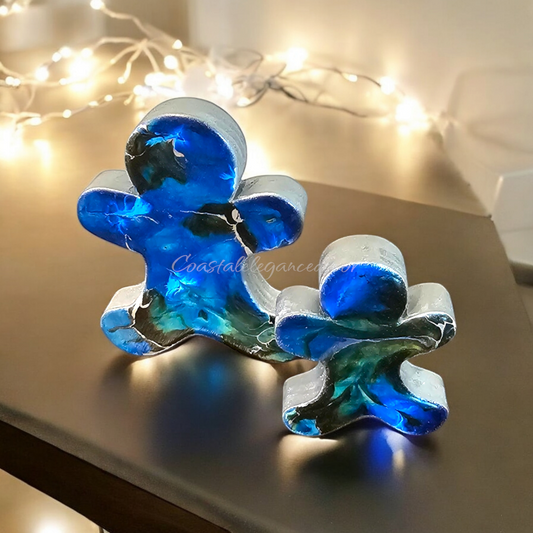 Handmade Chunky Wood And Resin Gingerbread Men Christmas Decorations In Blue And Gold Accents