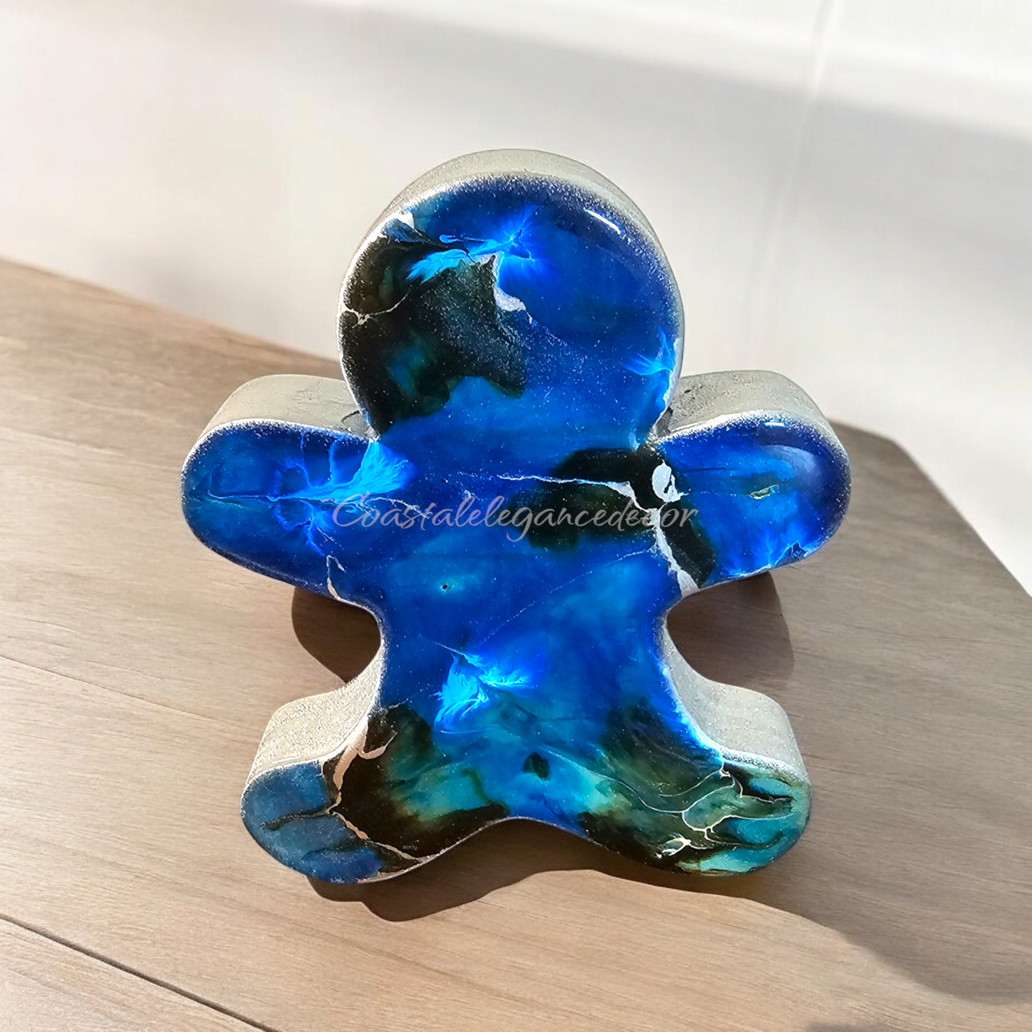 Handmade Chunky Wood And Resin Gingerbread Men Christmas Decorations In Blue And Gold Accents