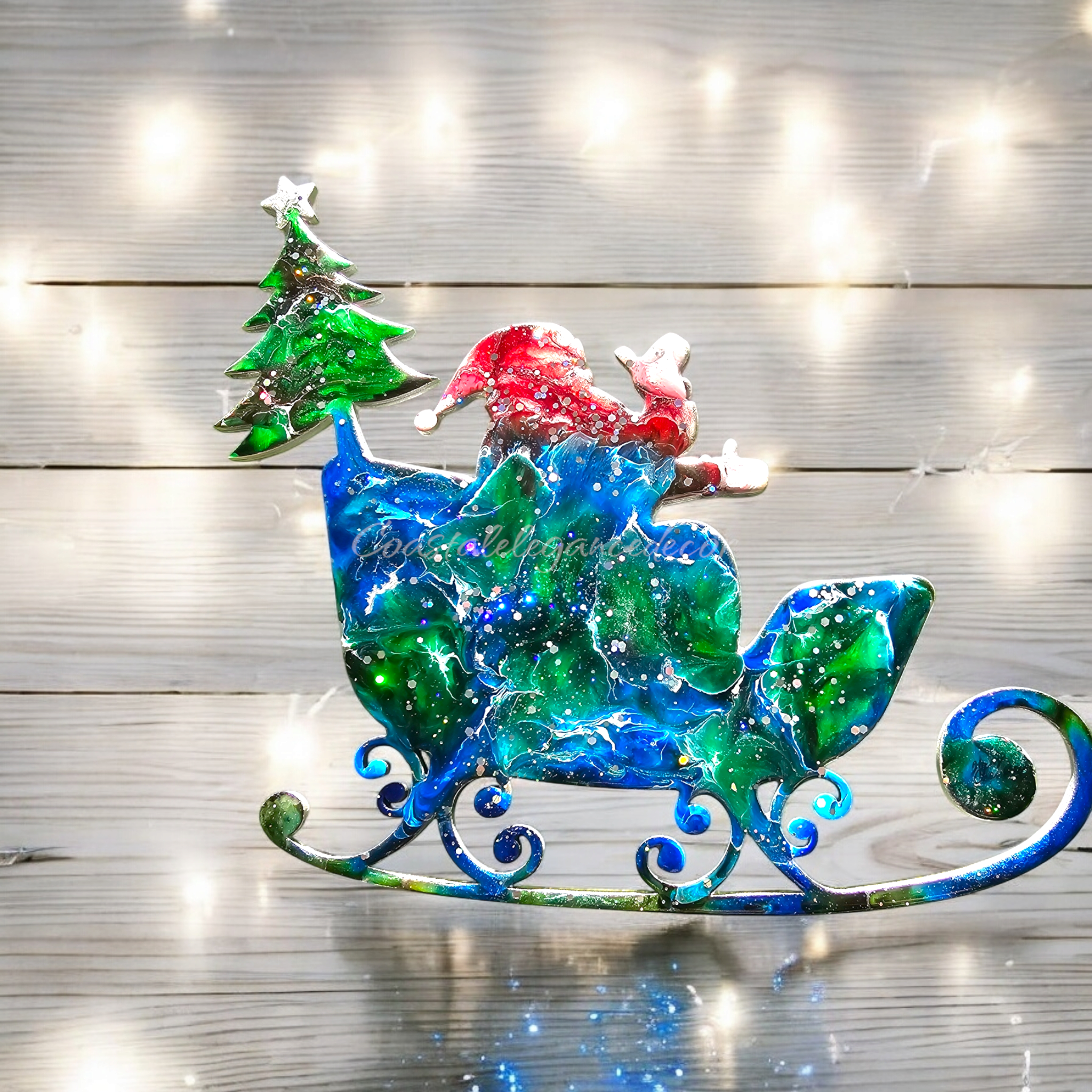 Santa in Sleigh with Christmas Tree Contemporary Handmade Wall Christmas Decoration Blues Greens