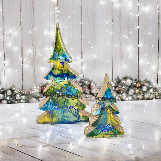 Handcrafted Blue Green Gold Christmas Trees Tabletop Decor - Chunky Wood & Resin Art - 8" & 5"