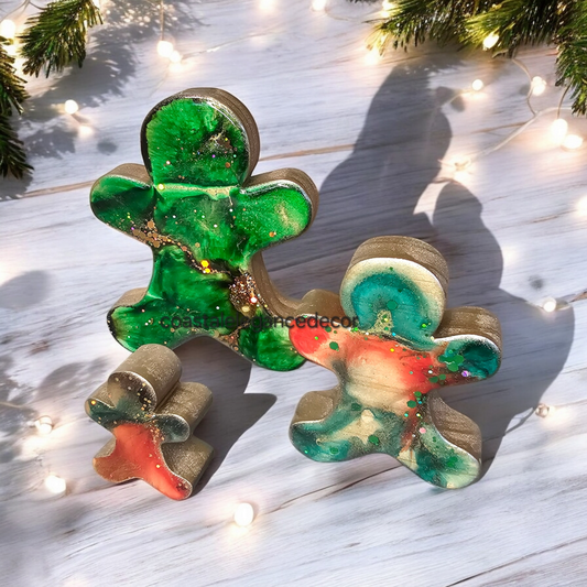 Handmade Chunky Wood Gingerbread Men Christmas Decorations with Green Resin - 3 Sizes Available