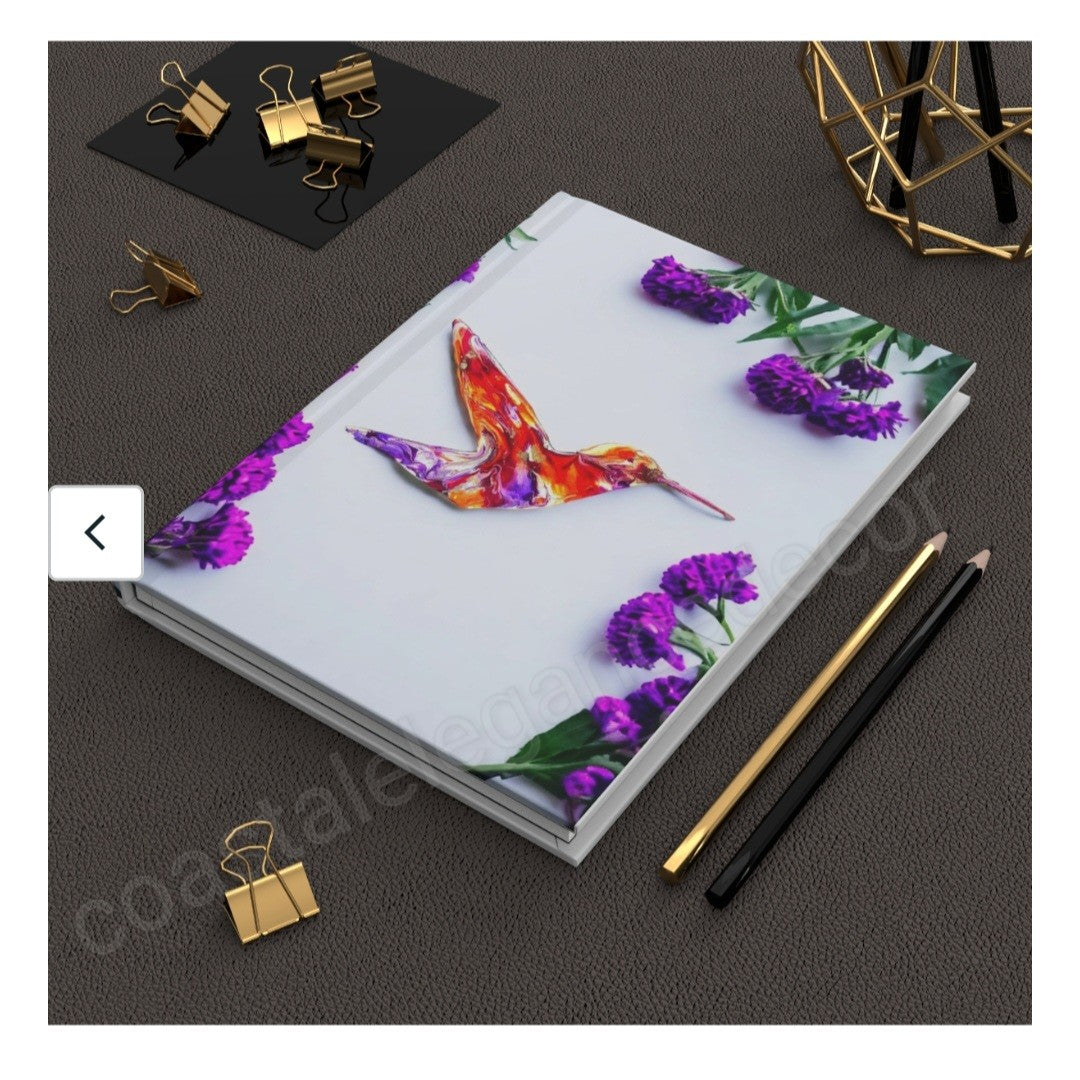 Orange Hummingbird Art Print and Purple Flowers Hardcover Journal