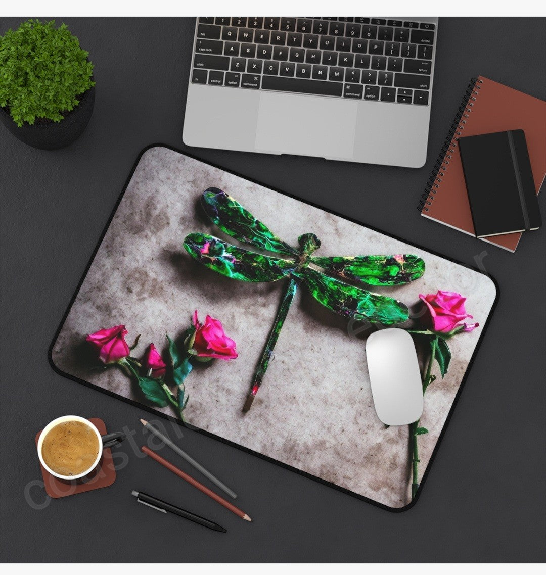 Green Dragonfly with Pink Roses Desk Mat 2 Sizes
