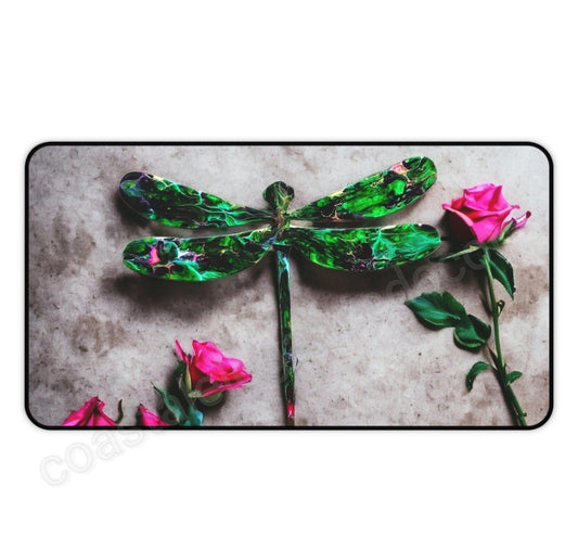 Green Dragonfly with Pink Roses Desk Mat 2 Sizes