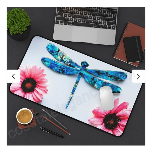 Contemporary Blue Dragonfly with Pink Daisies Desk Mat 2 Sizes