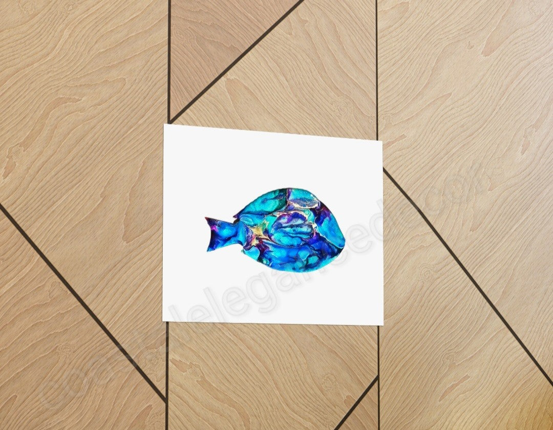 Blue Tang Tropical Fish Wall Art Print on Premium Matte Paper, displaying a stunning blue fish graphic on a wood-patterned background, ideal for stylish wall decor.