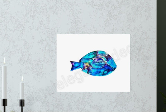 Blue Tang Tropical Fish Wall Art Print on Premium Matte Paper, showcasing a vibrant blue fish design against a light background, ideal for coastal-themed decor.