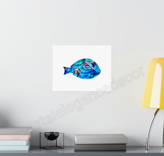 Blue Tang Tropical Fish Wall Art Print on Premium Matte Paper, featuring a beautifully colored fish artwork positioned near a contemporary lamp, perfect for enhancing indoor spaces.