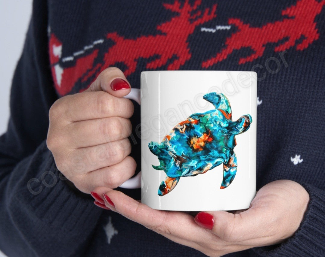 Teal Blues and Orange Sea Turtle Art Printed White Ceramic Mug 11oz DW safe