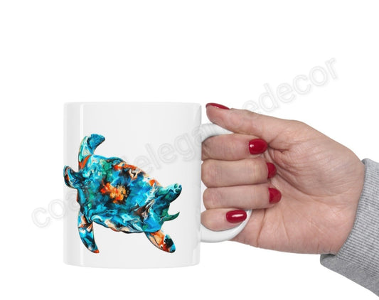 Teal Blues and Orange Sea Turtle Art Printed White Ceramic Mug 11oz DW safe
