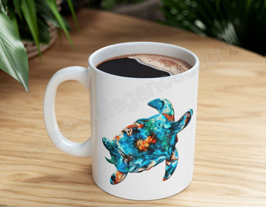 Teal Blues and Orange Sea Turtle Art Printed White Ceramic Mug 11oz DW safe