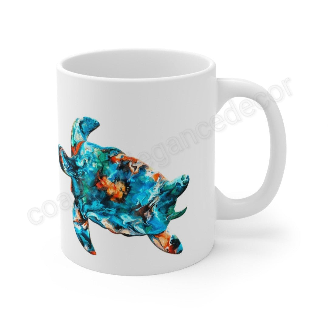 Teal Blues and Orange Sea Turtle Art Printed White Ceramic Mug 11oz DW safe