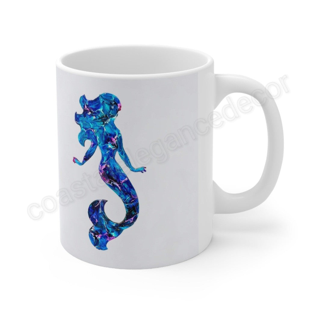 Handmade Blue and Pink Mermaid Art Printed White Ceramic Mug 11oz DW safe