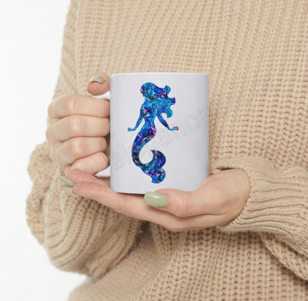 Handmade Blue and Pink Mermaid Art Printed White Ceramic Mug 11oz DW safe
