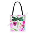 Load image into Gallery viewer, Original Art Green Dragonfly with Pink and Purple Contemporary Flowers Tote Bag 2 sizes