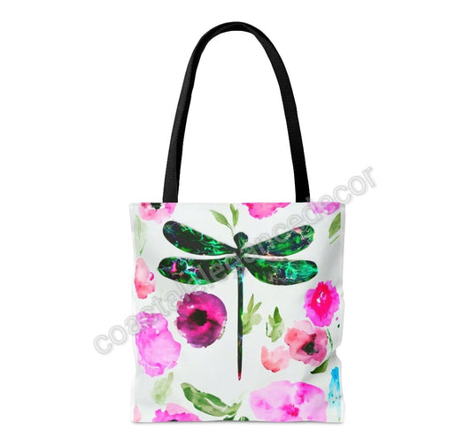 Original Art Green Dragonfly with Pink and Purple Contemporary Flowers Tote Bag 2 sizes