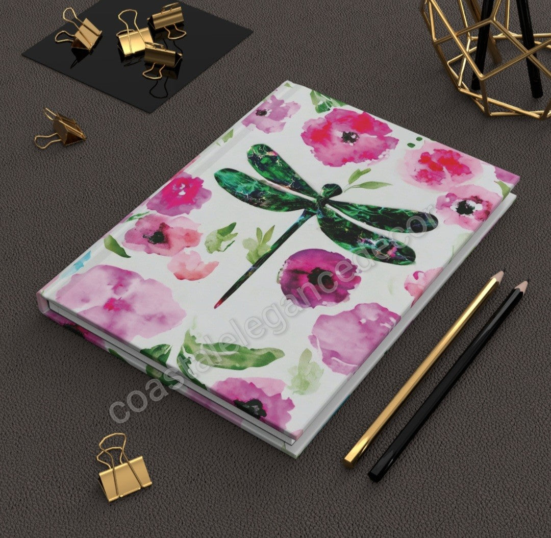 Green Original Art Dragonfly with Floral Background Hardcover Journal