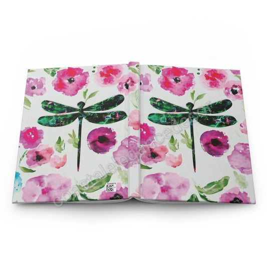 Green Original Art Dragonfly with Floral Background Hardcover Journal