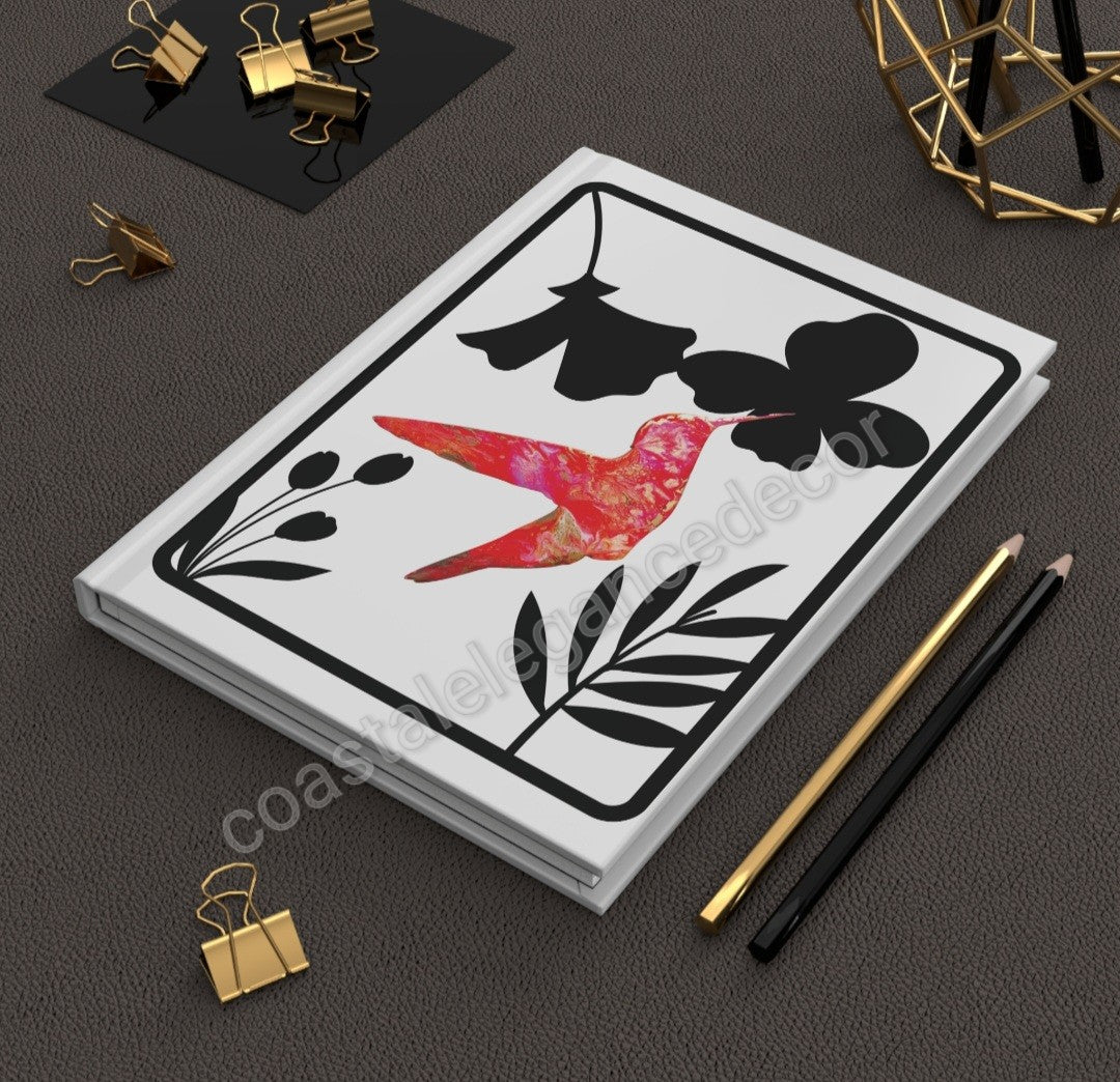 Original Art Pink Hummingbird with Black Flowers Hardcover Journal